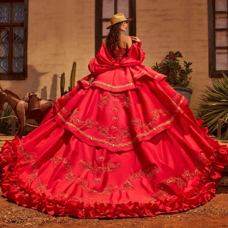 Red Quinceanera Dresses Off The Shoulder Applique Lace Beading Corset Tull Party Birthday Sweet 16 Dress Vestidos 15 De Anos
