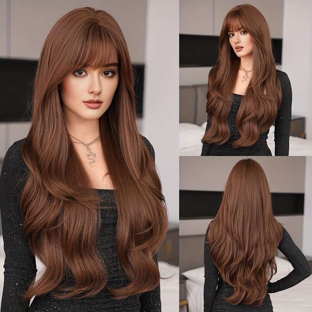 NAMM Chic Brown Body Wave Wig With Bangs Women - High Density, Natural-Looking Synthetic Layered Hair, Perfect For Daily Wear & Cosplay
