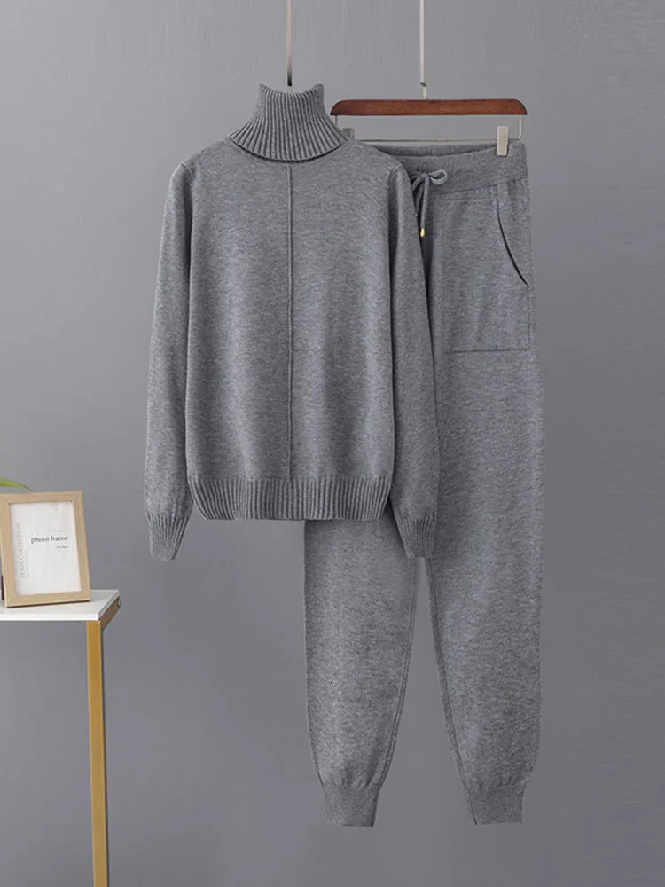 Candy Color Knitted 2 Piece Sets Women Turtleneck Knitwears Sweater Pullover Tops Conjuntos High Waist Casual Harem Pants Outfit 251013