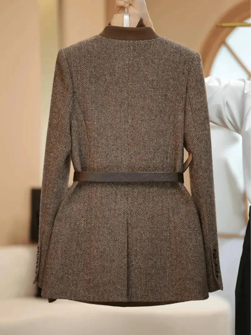 Plus Size 4XL High Quality Coffee colored Suit Jacket For Women Spring Outwear Fashion Simple Wool Coat Autumn Blazer With Belt 251027