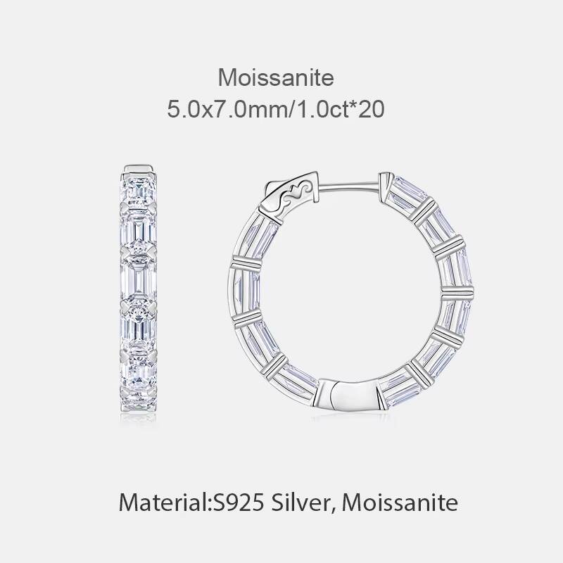 1carat20 Emerald Moissanite Hoop Earrings for Women Daily Wear Gift Jewelry Earrings S925 Silver Rhodium Plated White Earrings