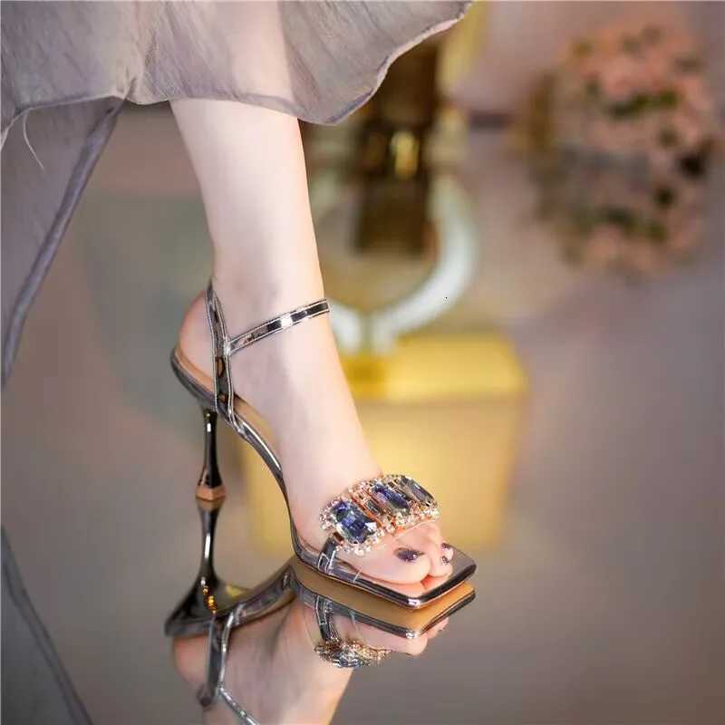 Gold Sier High Heels Sandals Women Summer Square Toe Shiny Crystal Sandals Woman Ankle Straps Thin Heel Party Pumps ShoesXJ251027