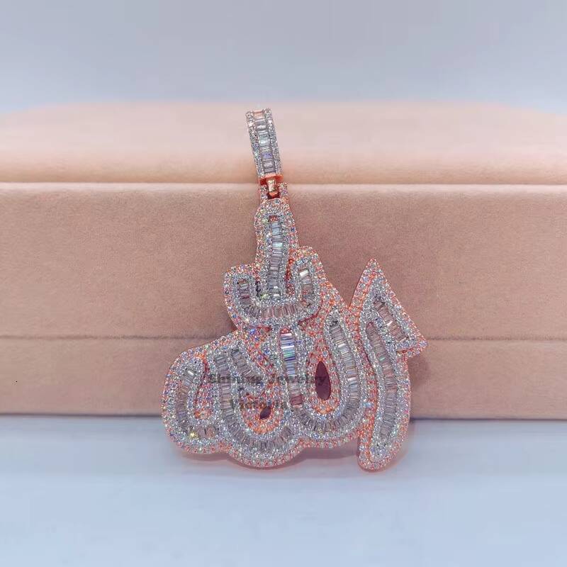 14k Rose Gold Plated Sterling Silver Hip Hop Men Vvs Moissanite Diamond Iced Out Allah Pendant