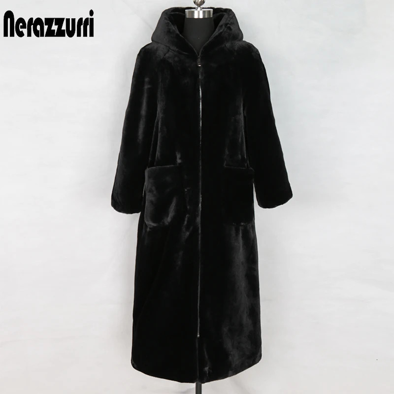 Nerazzurri Winter Long faux fur coat with Hood Sleeve Zipper Black Furry Rabbit Fur Outwear Plus Size Korean Fashion 251027