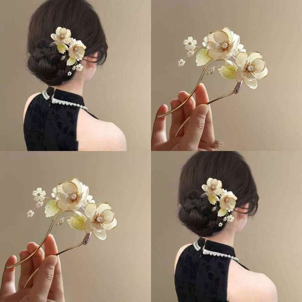 New White Magnolia Flower U-Shaped Chinese Style Updo High-End Hairpin Hair Cheongsam Accessory