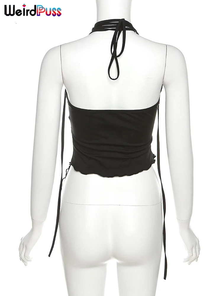 Weird Puss Cross Halter Women Tank Tops Hollow Out Backless Sleeveless Irregular Mesh Patchwork Solid Sexy Wild Party Clubwear 251027