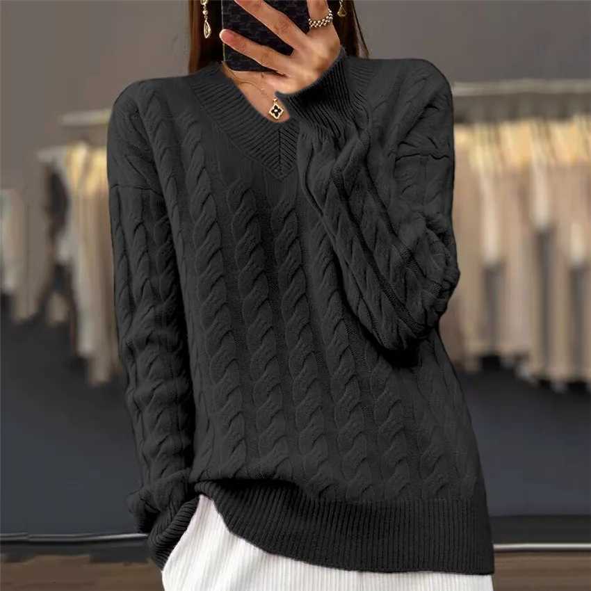 VNeck Womens Sweater Autumn Winter New Fashion Long Sleeved Knit Pullover Warm Solid Basic Female Tops KnitwearT251027