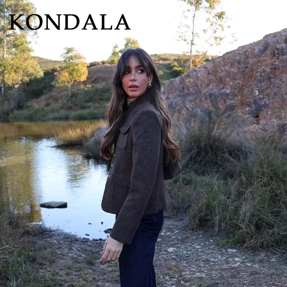 winter jacket women KONDALA Fall Winter Plaid Women's Vintage Fashion Country Brown Single Breasted Pockets Chic Ladies Elegant Jackets