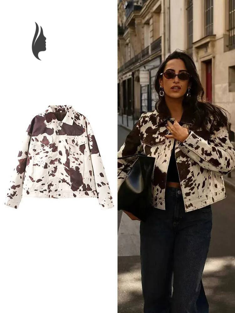 winter jacket women Women's Fashion Printed Lapel Casual Short Long Sleeve Patch Pocket High Street Commuter Autumn Jacket