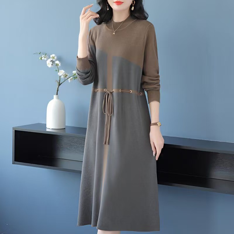 plus size women's new long sleeve high waist printed dress mid-length skirt D02407