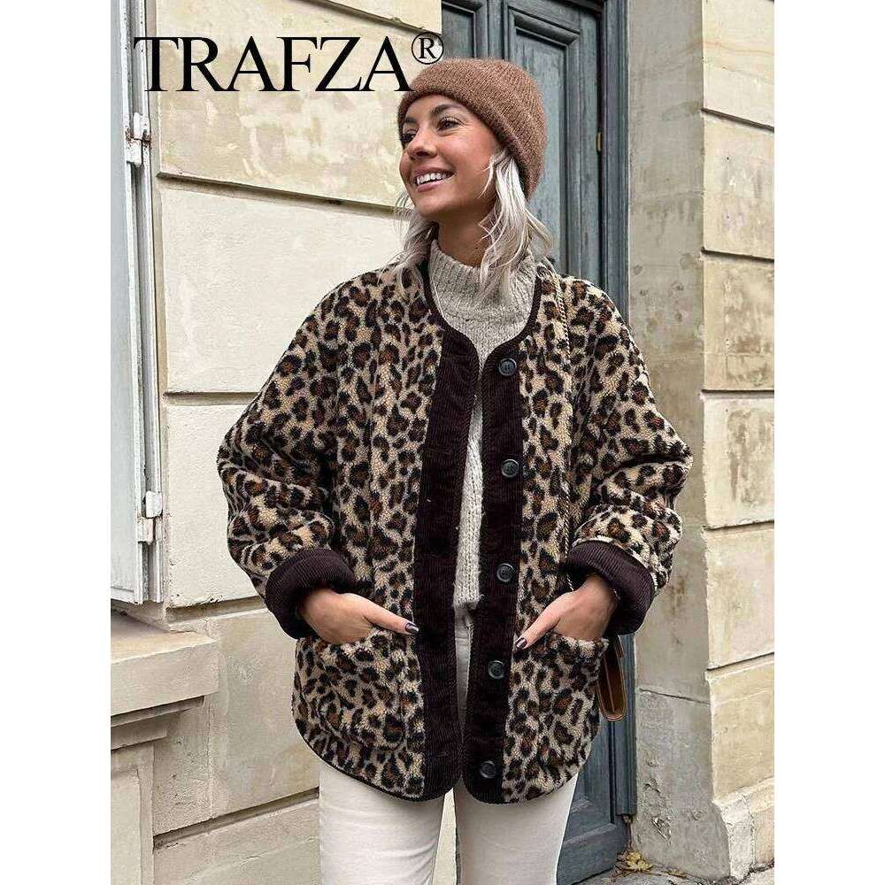 HH Women Winter Fleece Leopard Print Loose Jacket Vintage O-Neck Long Sleeves Y2k Female Casual Fuzzy Coat Outwears