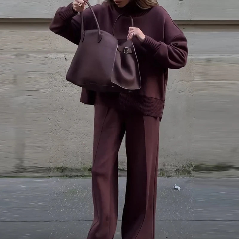 Vintage Autumn Winter Clothing Warm Sweater Solid Wide Leg Trousers Lazy Two Piece Women Suit Casual Knitted Long Pant Sets 251027
