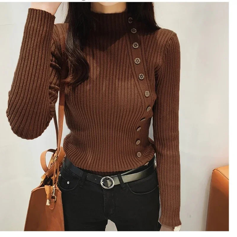 Spring Autumn Mock Neck Skinny Elastic Knitted Shirt Women Pullover Sweater Tops Female Long Sleeve Slim Knit Shirts Knitwear 251027