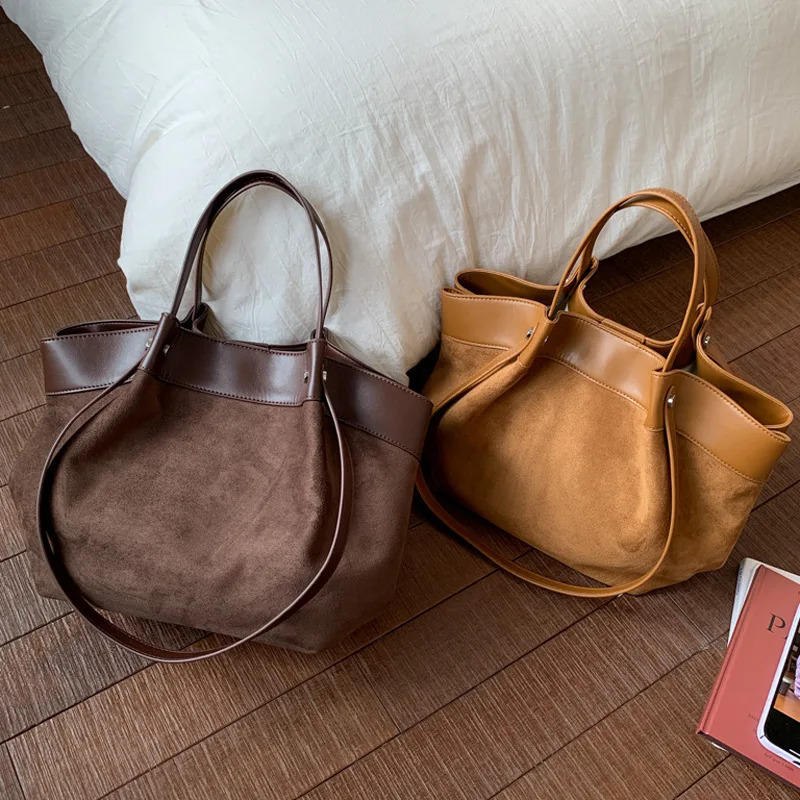 Korean Suede Tote Vintage Shoulder Bag for Women Spacious Purse 251014