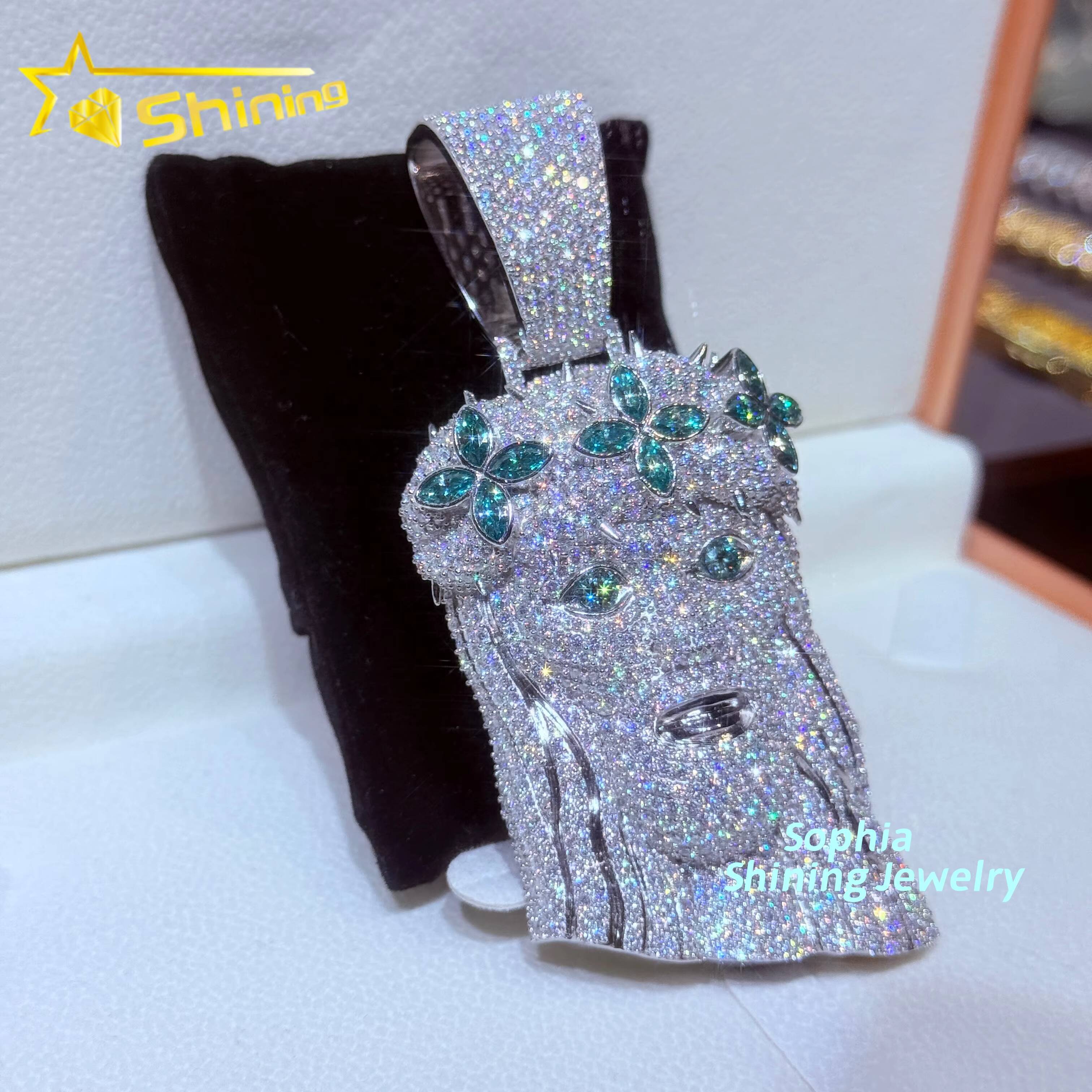 Hot Sale Personalized 3D Design Hip Hop Jewelry Men Iced Out Soild Back Pendant Colored Stone Moissanite Jesus Pendant