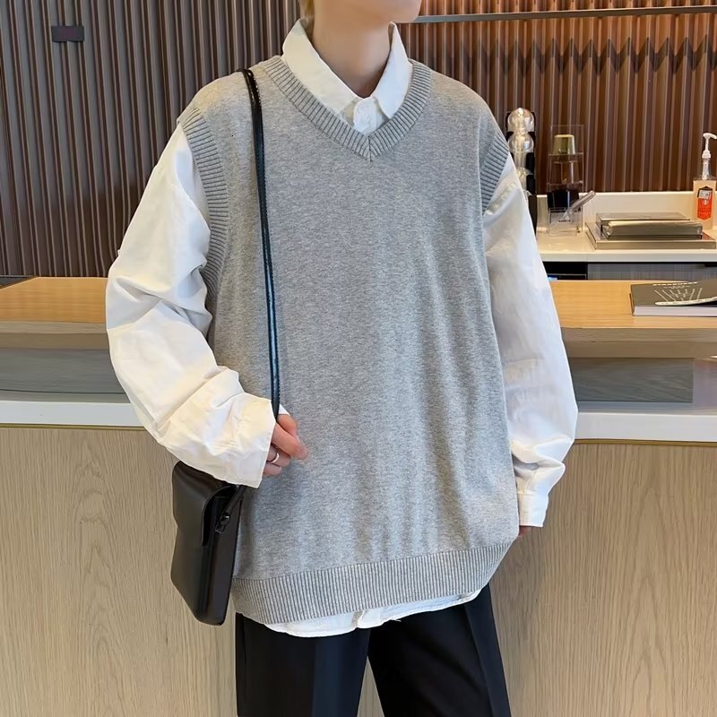 V-neck Sweater For Men Autumn And Winter Korean Style Trendy Loose Knitted Designer Sweater Vest Autumn Ins Sleeveless Tank Top