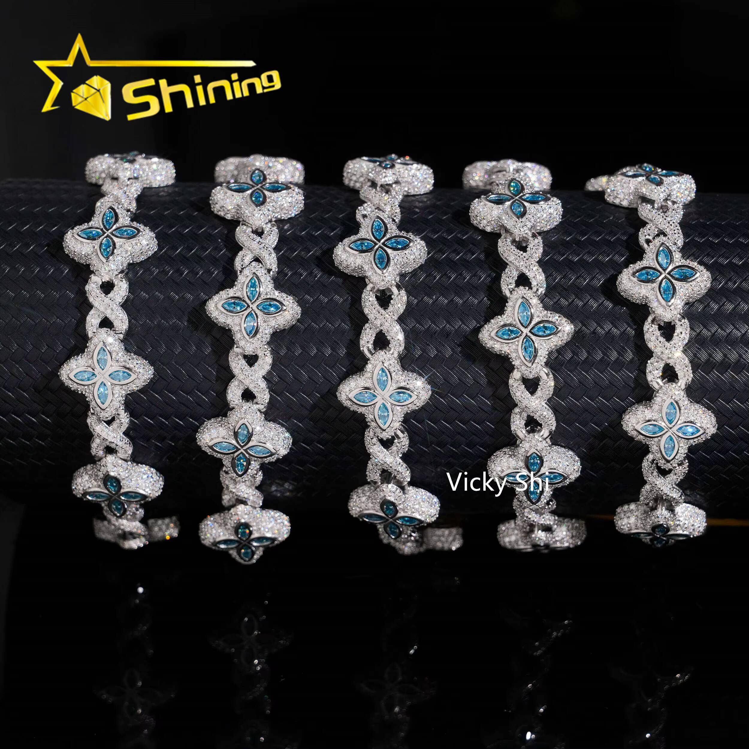 Popular Blue Color Clover Cuban Chain Moissanite Fine Jewelry Custom Iced Out 925 Silver Men Cuban Link Moissanite Necklace