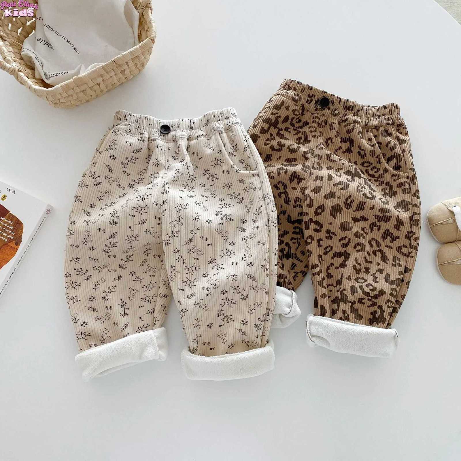 Korean Childrens Clothes 2025 Winter Pants Kids Corduroy Floral Print Fleece Lined 05Y Baby Boys Girls Warm Winter TrousersT251027