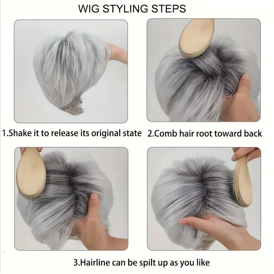 Women's Brazilian Remy Human Hair Wig Ash Grey Pixie Cut With Bangs, 180% Density Looking Layered Hair, Straight Salt Pepper Short Style Daily We