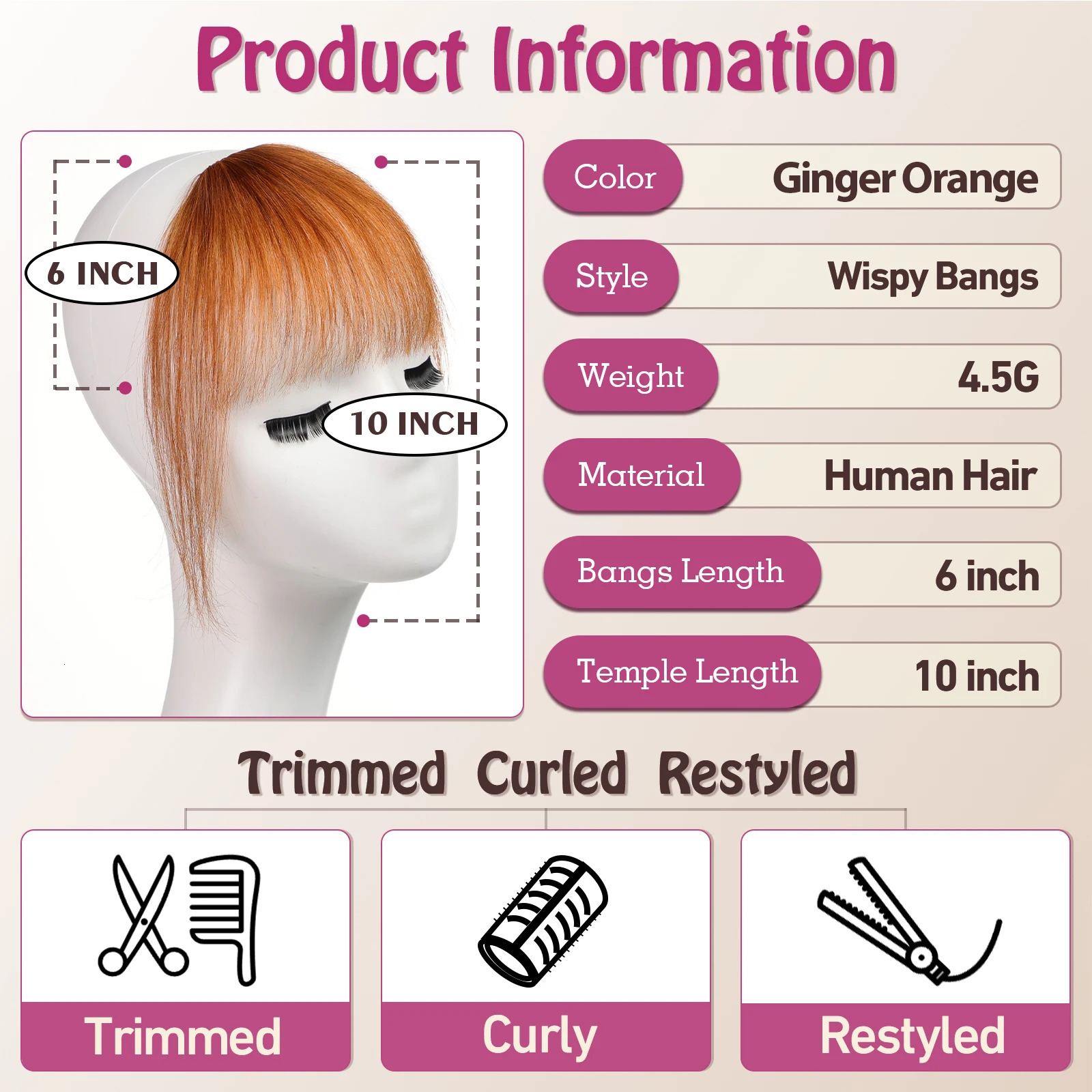 Bangs Clip in Air Bangs Ginger Orange Bangs Fringe with Temples Hairpieces 100 Real Human Hair Extensions for Women Daily Wear 251014