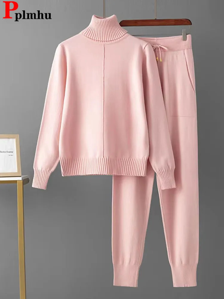 Candy Color Knitted 2 Piece Sets Women Turtleneck Knitwears Sweater Pullover Tops Conjuntos High Waist Casual Harem Pants Outfit 251013