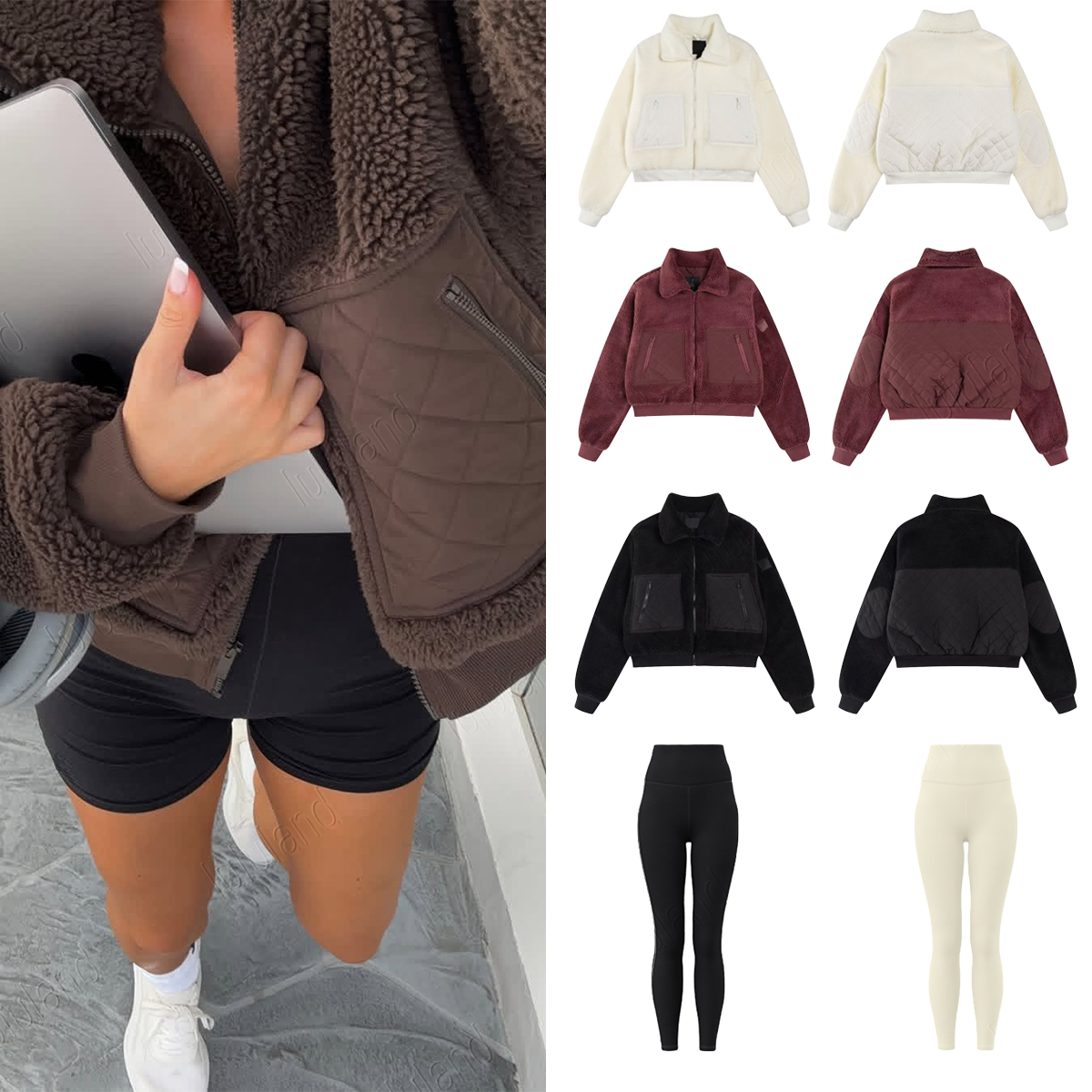 New designer womens Autumn and winter brown lambhair hooded short jacket thick and warm sporty and casual stand up collar zipper jacket top aloliness women clothes