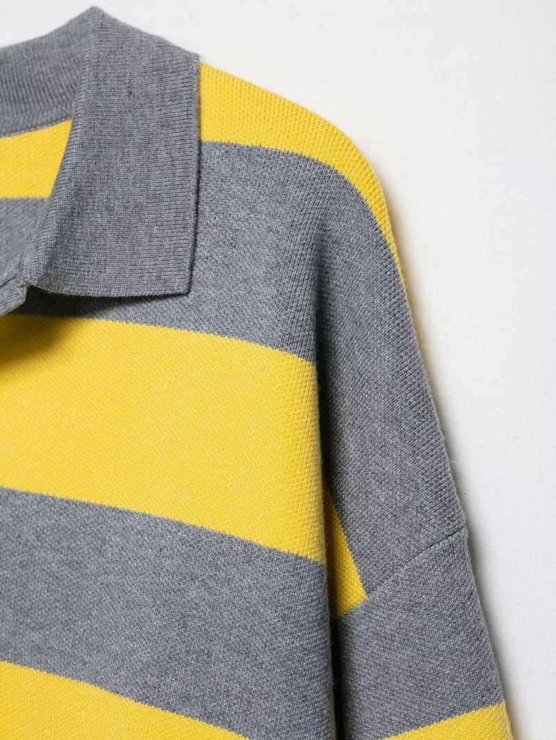 ETJ 2025 Autumn womens new line street style fashion yellow wide stripe polo neck loose version of longsleeved sweaterT251027