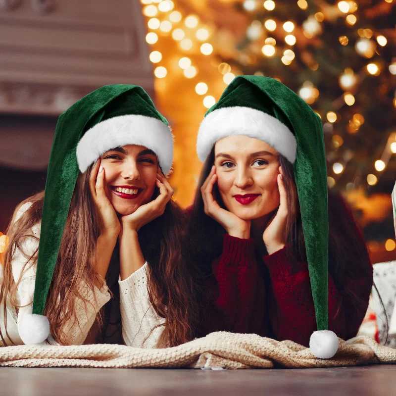 32x75cm Christmas Hat Dark Green Velvet Trimmed Adult Holiday Long Santa HatW251027