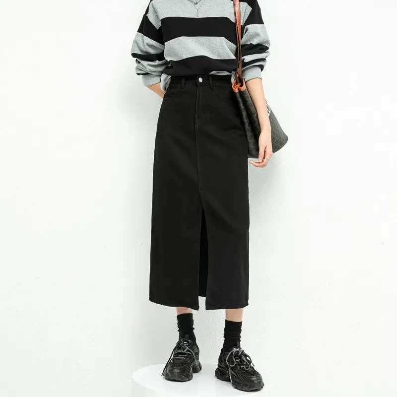 Split Denim Skirt for Women High Waisted Loose ALine Korean Elegant Black Skirts Spring Fashion Mid Length 251027