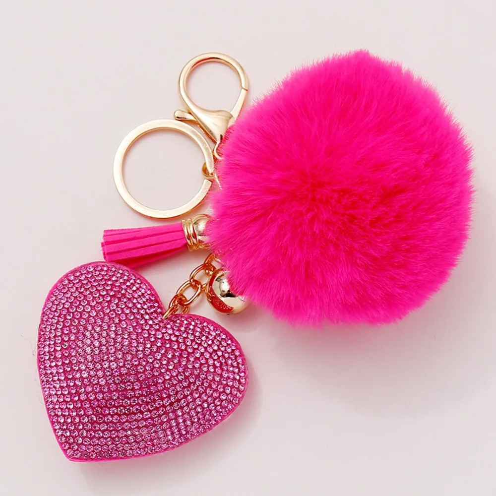 Rhinestone Heart Plush Ball Keychain Alloy Faux Fur Bag Pendant Solid Color Key Chain 251021