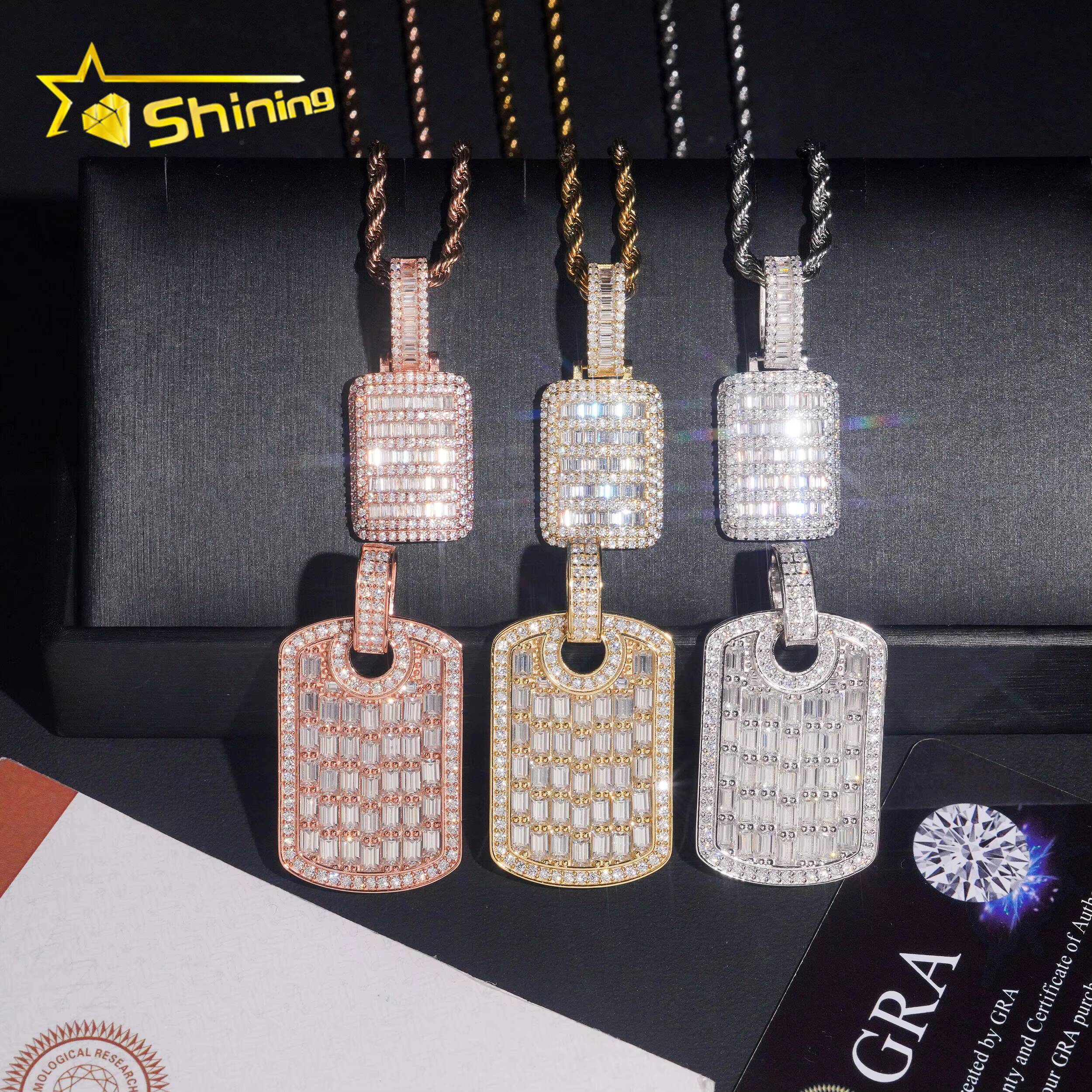 Iced Out Baguette Mossanite Tag Pendant 925 Sterling Silver VVS Moissanite Diamond Pendant Fine Jewelry Ready to Ship