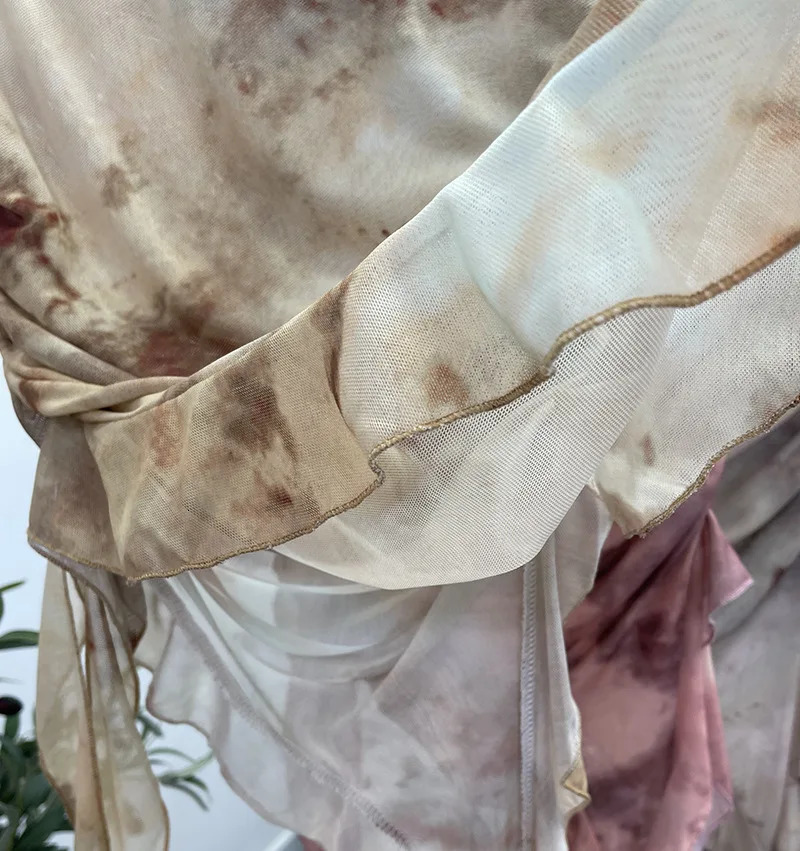 Womens Tie Dye Ruffled Ribbon Mesh Tube Top Irregular Mesh Sleeveless Tube Top Sexy Backless Vest Party Leisure Essential 9956 251027