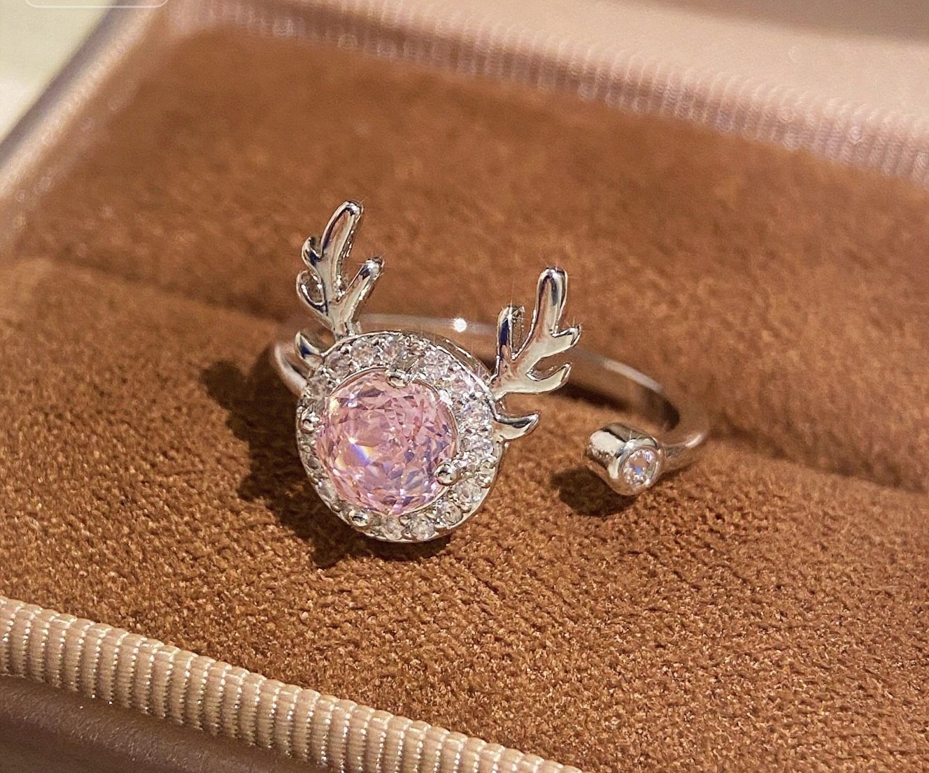 TaiYang New Millennium Rose Cut Reindeer Ring, Octagonal Aqua High-Carbon Zirconia Antler Design in Gold Plated Copper For Women