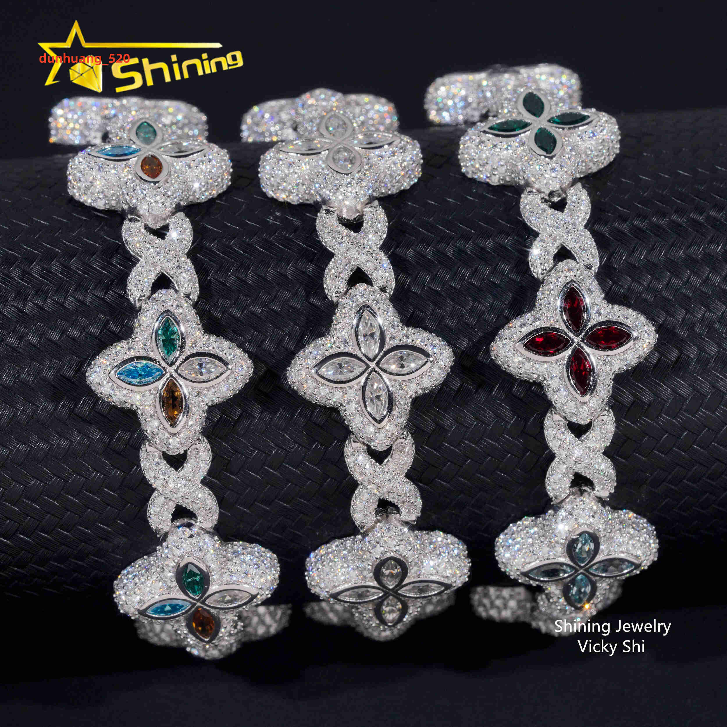 Hot Selling Men Popular Moissanite Bracelets 925 Sterling Silver Iced Out Hip Hop Infinity Clover Moissanite Cuban Bracelet