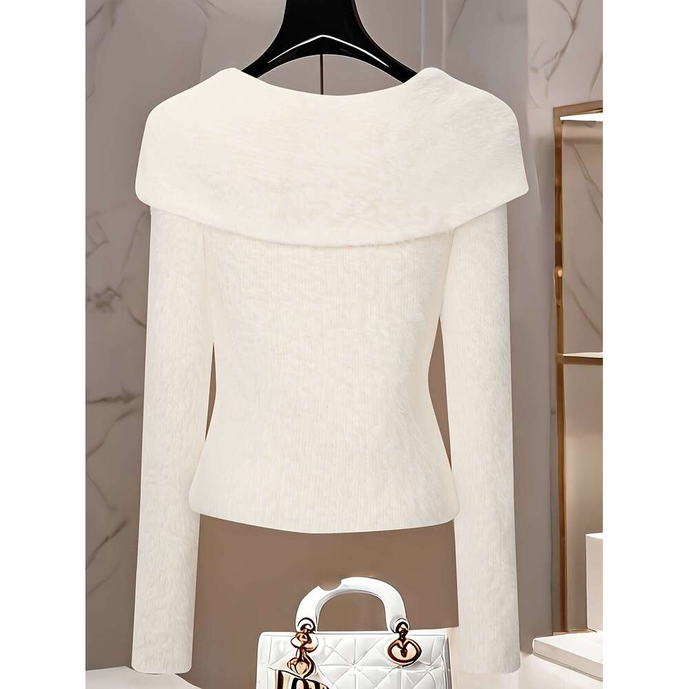 Elegant Off-Shoulder Sweater Soft T-Shirt With Belt, Chic Layering Top For Fall/Winter, All-Season Formal & Everyday Outfits - Women's Clothing, 