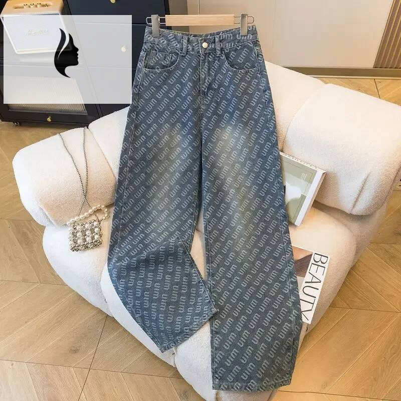 winter jacket women Women's Floor-Length Straight Denim Jeans Print Embroidery Loose Wide Leg Pants Autumn New Design Sensation Trousers