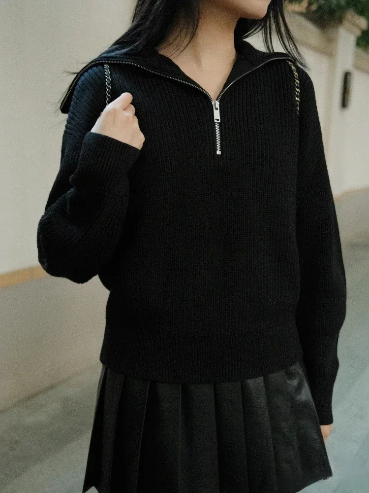 Autumn and Winter Womens Sweater Semizipper Casual Solid Color Knitwear Simple Loose Long Sleeves Pullover 251027