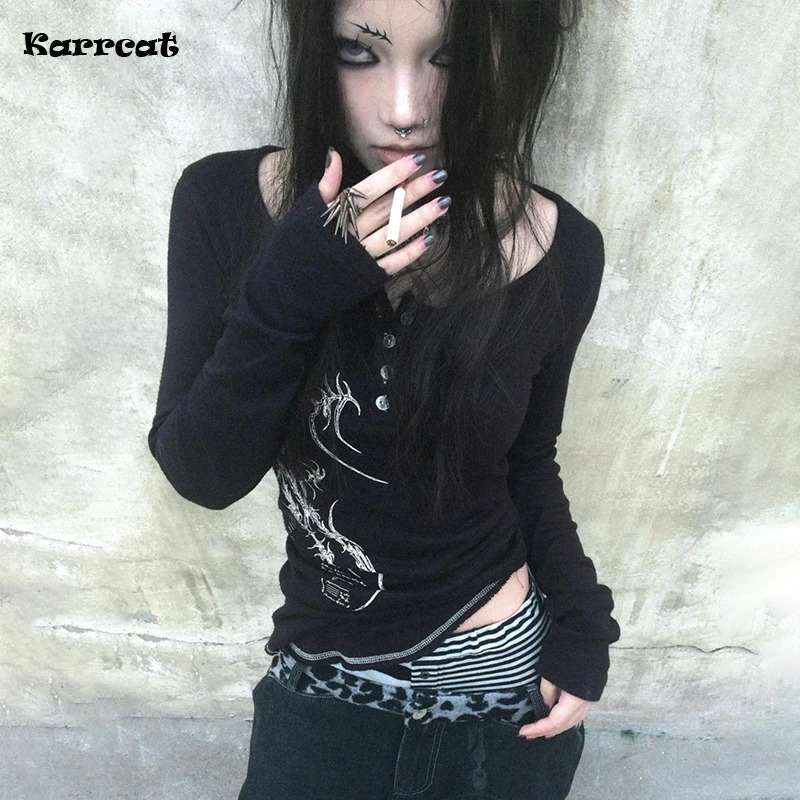 Karrcat Grunge Aesthetics Button Tops Trashy Y2k Tattoo Print Tshirt Vintage Gothic Black Irregular Tee Shirt American Retro 251027