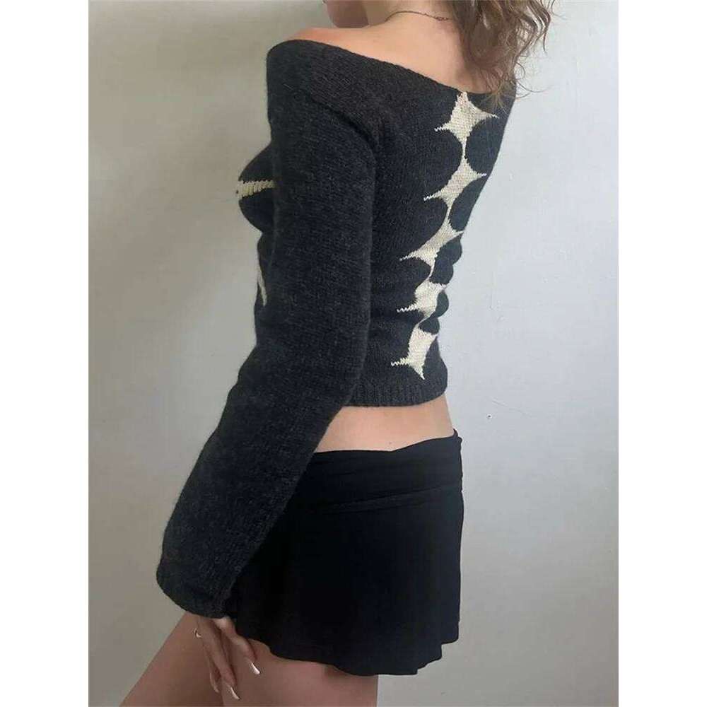 Women's Knit Tops Off Shoulder Slim Sweater Graphic Print Long Sleeve Knitwear Spring Fall Y2k Aesthetic Streetwear Women Sweater Designer Sweate