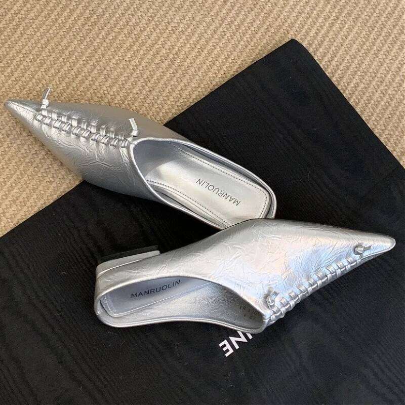 Gold Designer Slippers Women Mules Shoes Pointed Toe Slides Shallow Fashion Summer New Brand Sandals Ladies Sandalias De Mujer