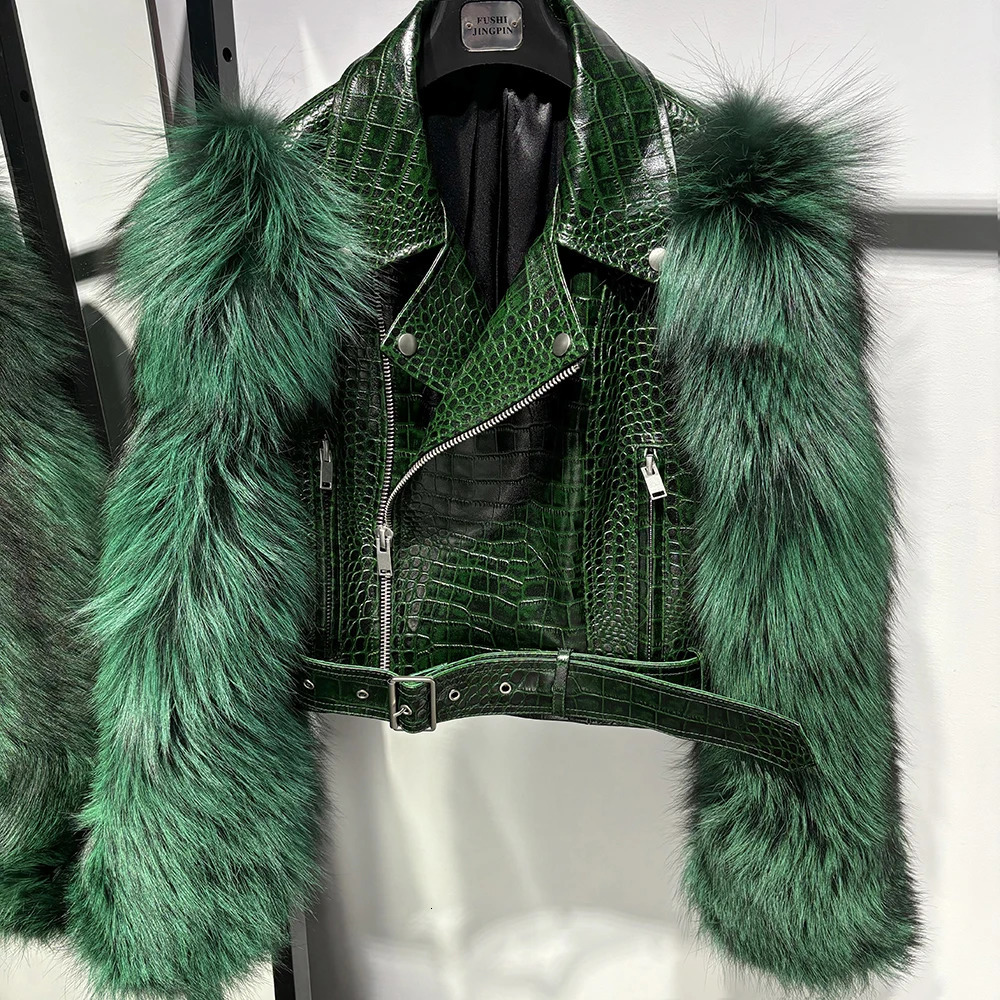 YOLOAgain Plus Size 8XL Jacket Coats Women Real Fox Fur Sleeve Genuine Leather Ladies Streetwear 251027