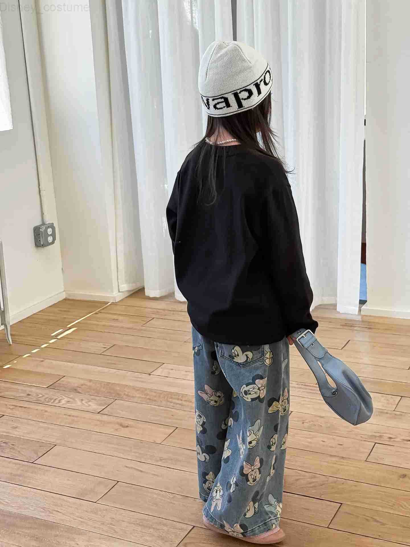 Disney Full Printed Cartoon Pattern Jeans For Girls Spring Autumn Elastic Waist Straight Leg Denim Pants Cute Minnie Trousers H251027