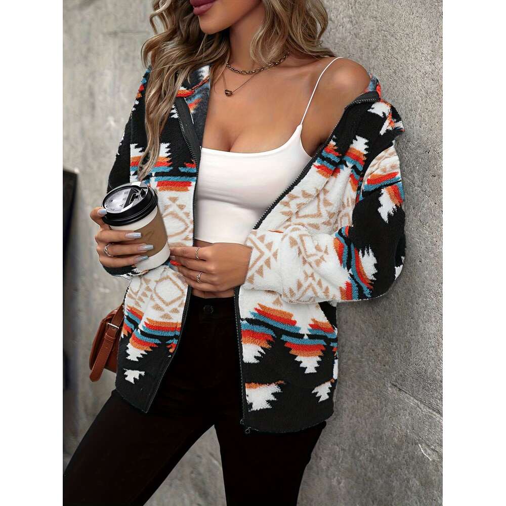 SPECHIR Women's Elegant Geometric Print Hooded Jacket - Hine Washable Zipper Front Casual Coat For Fall/Winter, Black/White/Orange/Teal/Gray, Mid