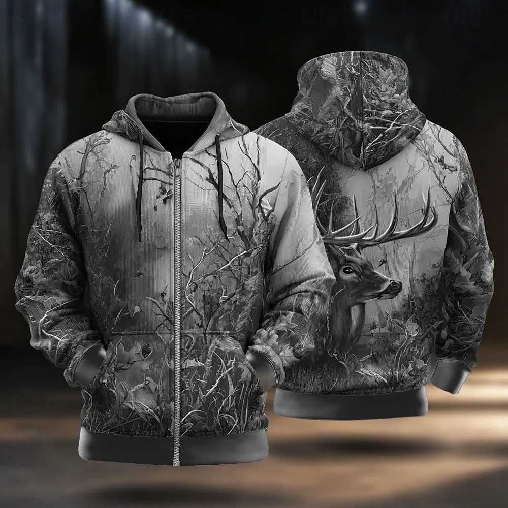 Camo Deer Hoodie Jacket Sweatshirt Fashion Daily Hooded Vacation Hunting Brown Green Drawstring Zipper Fall Winter Hoodie W251027