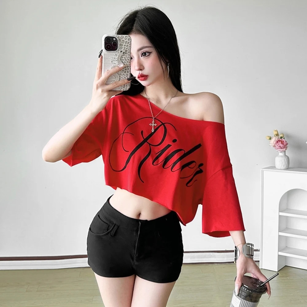 SylCue Letter Print Oversized Tshirt Women Skew Collar Short Sleeves Off Shoulders Irregular Hem Hiphop Style Trend Crop Tops 251027