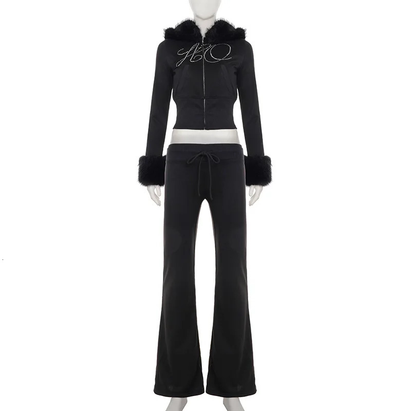 Fall Winter Diamonds Letter 2 Piece Set Tracksuits Furry Patchwork Long Sleeve Zipper Hooded Jackets Top Flare Pants Suit 251027