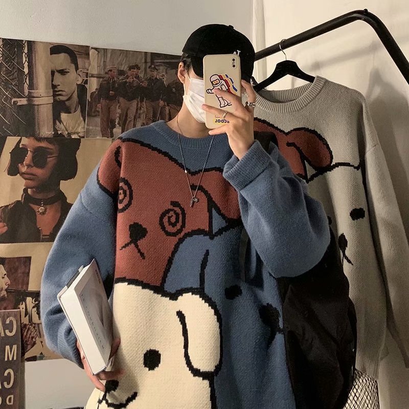 Men's Sweater Korean Style Loose Fit Autumn Winter Thickened Trendy Designer Sweater Ins Lazy Style Knitted Sweater Cartoon Bear Round Neck Wool 