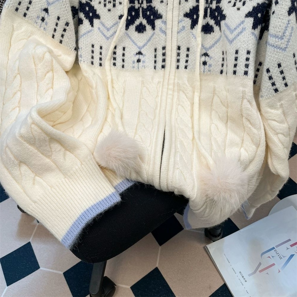 American Style Lazy HighEnd Feel Fur Collar Hooded Cable Knit Sweater Unisex Autumn Winter Korean Style Fair Isle Knitted Cardigan Coat