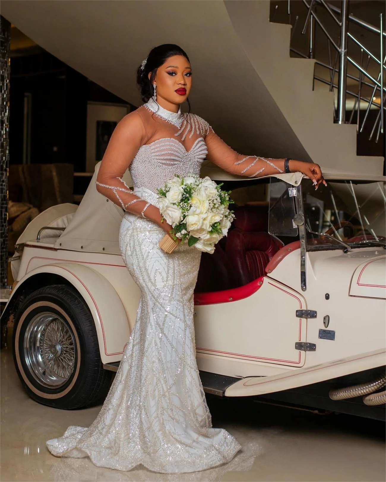 Aso Ebi Mermaid Wedding Dress in Ivory with Pearls Sequined Lace Sheer Neck and Sexy Style