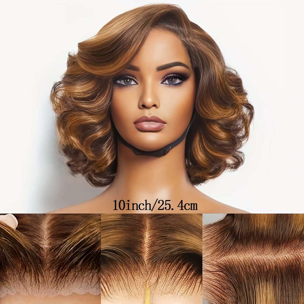 Elegant 4*4 Transparent Lace Frontal Light Brown Piano Color Wig, 180% Density Bob Virgin Human Hair, Loose Wave Hair Style With Hairline, Nature Look